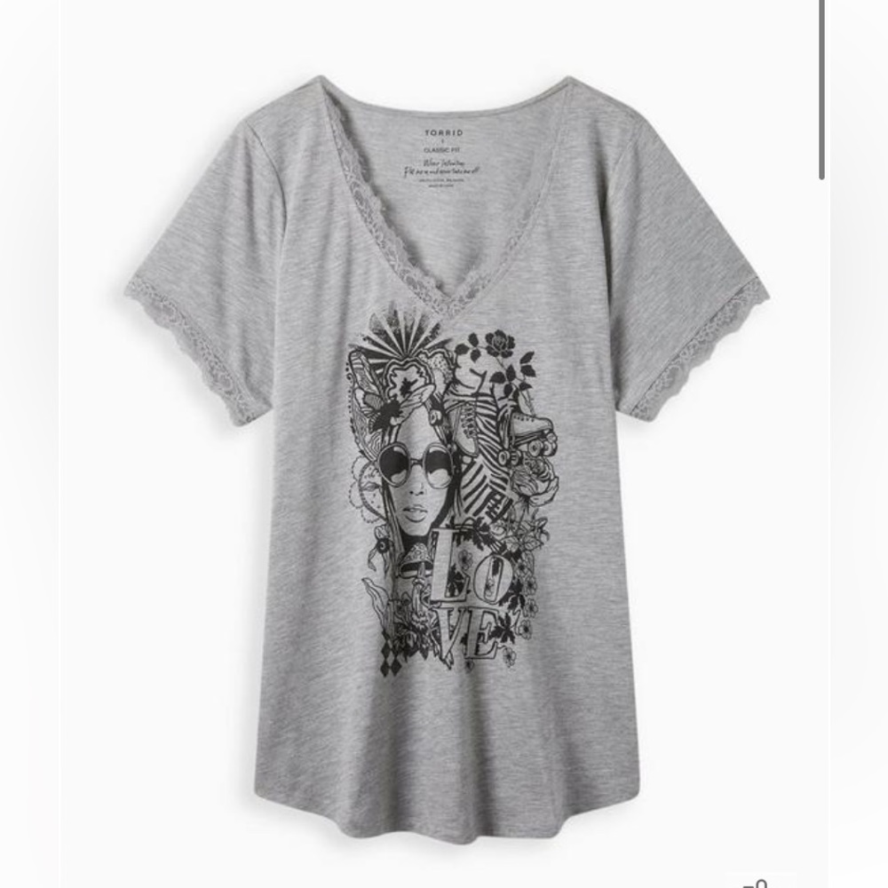 Torrid Graphic Classic Fit Slub V-Neck Lace Trim Tee Size 0X NWT